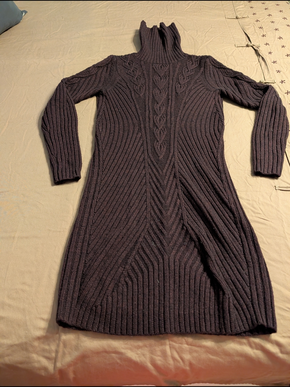 Moda International Ribbed Cable-Knit Turtleneck Midi Dress in Dark Plum
